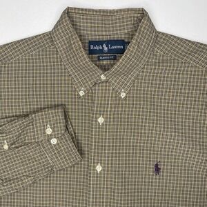 Vintage Polo Ralph Lauren Dress Shirt Men's Large Tan Burgundy Plaid Classic Fit